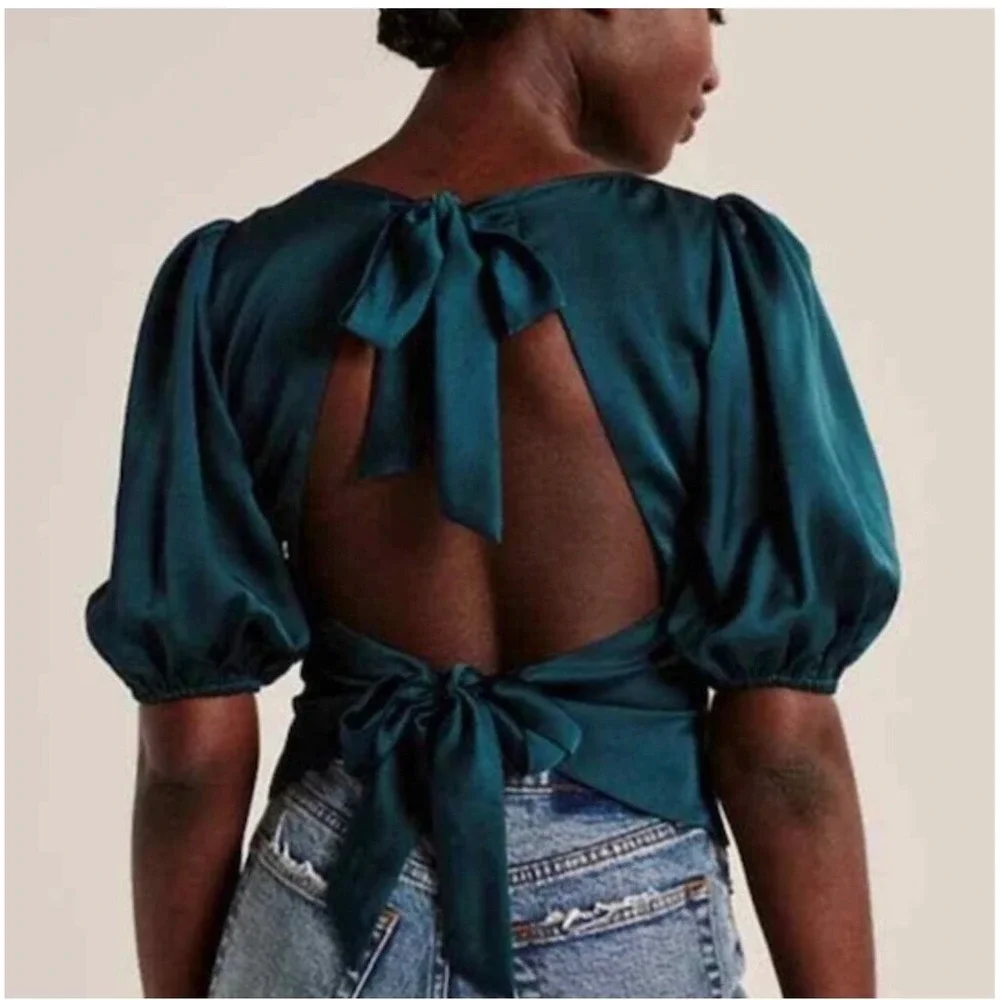 Abercrombie & Fitch Satin Open Back Puff Sleeve Tie Blouse Emerald Green Medium